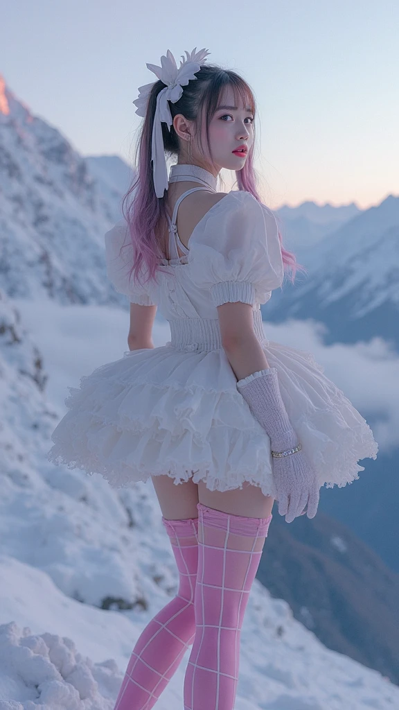 (full body:1.5)， (Polished pointed toe stockings heels:1.2), (Dance on top of snowy mountains:1.2),(In pink|amarelo|blue colors|green color|red colour|white colors|black in color|purpleish color|greys|Beige|Flesh color 1.4)，(Accurate and perfect face:1.2)，Dressed in Star stripe  dress women's clothing,A shallow laugh,,hyper HD, Ray traching, reflective light，structurally correct, Award-Awarded, high detal, lightand shade contrast, Face lighting，cinmatic lighting, tmasterpiece, super detailing, high high quality, high detal, best qualityer, 16k，