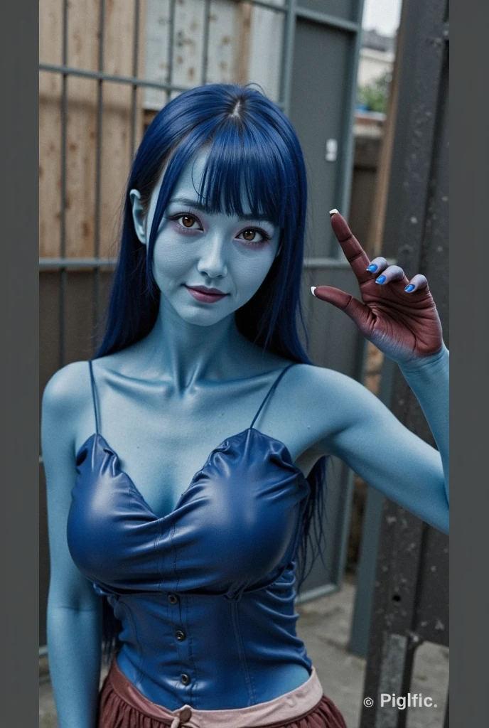 Nejire, realistic, age 28, pure white skin, blue pupils, blue long hair, horns like hair, perfect face, perfect shape body, perfect large breasts, blue green suit, posing to viewer, 8k , ultra realistic.