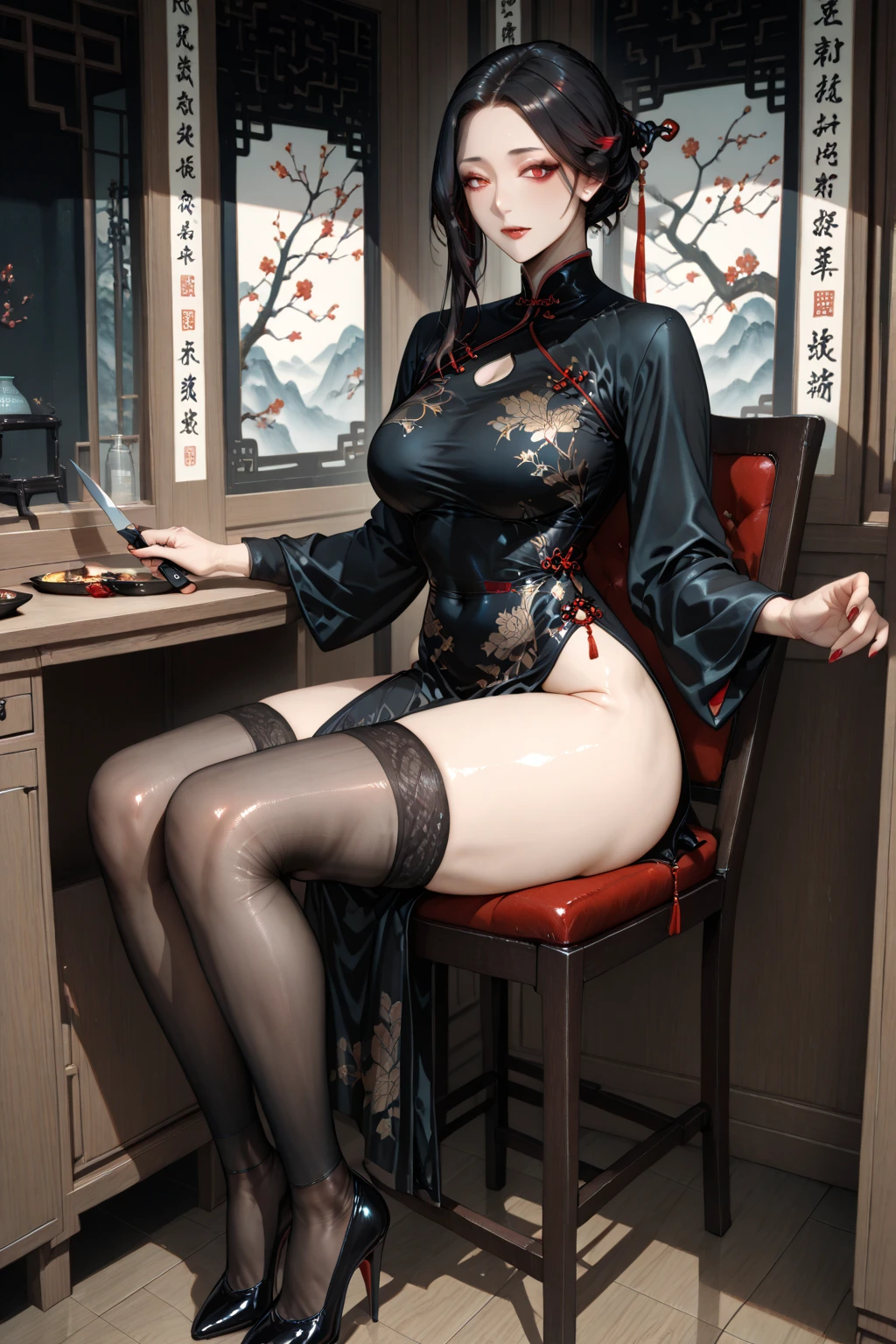 Very detailed CG unity 8k wallpaper, (masterpiece), (best quality), (ultra detailed), (ultra-realistic), (best character detail: 1.36), fisheye lens, HDR, dynamic angle, professional lighting, photon mapping, radiosity, physically based rendering, in stunning cityscape, looking at the viewer, blushing, 1girl, sexy body, soft curves, golden ratio, (kpop idol), (oil skin: 1.2), (oil skin: 1.1), (oil skin: 1.1), ( Big breasts: 1.4), makeup, [:(high detailed face:1.2):0.2]:,PureErosFace_v1, ((curly gray hair and delicate style)), (aegyo sal:1), (puffy eyes), (eyelashes: 1.1), (lips: 1.1), red lipstick, broad shoulders, (mid-chest: 1.1), (cleavage: 1.1), vibrant eyes, prism color, bright color, Gradient hair, exhibitionism, ((red, classical cheongsam, Chinese cheongsam, stockings))