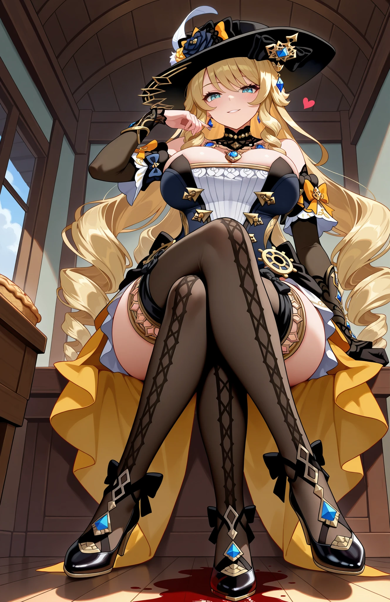 (Masterpiece, High Quality, High-Detailed, Detailed CG, Cinematic Lighting, Beautiful Detailed Eyes, Ultra Resolution, Full Body Shot), (Erotic Suggestiveness:1.0), (Victorian Aesthetic Outfit:1.5), (Gold and Black Color Victorian Aesthetic Outfit:1.5), (Exposed Breast Dress:1.0), NSFW, Five Finger, Huge-Breast, Thigh, Anime Girl Lifting Up its Skirt, Black-Pantyhose, Fishnet-Pantyhose, Blue-Eye, Long Hair, Golden-Hair, Exposed Panties, Black Panties, Victorian Background
