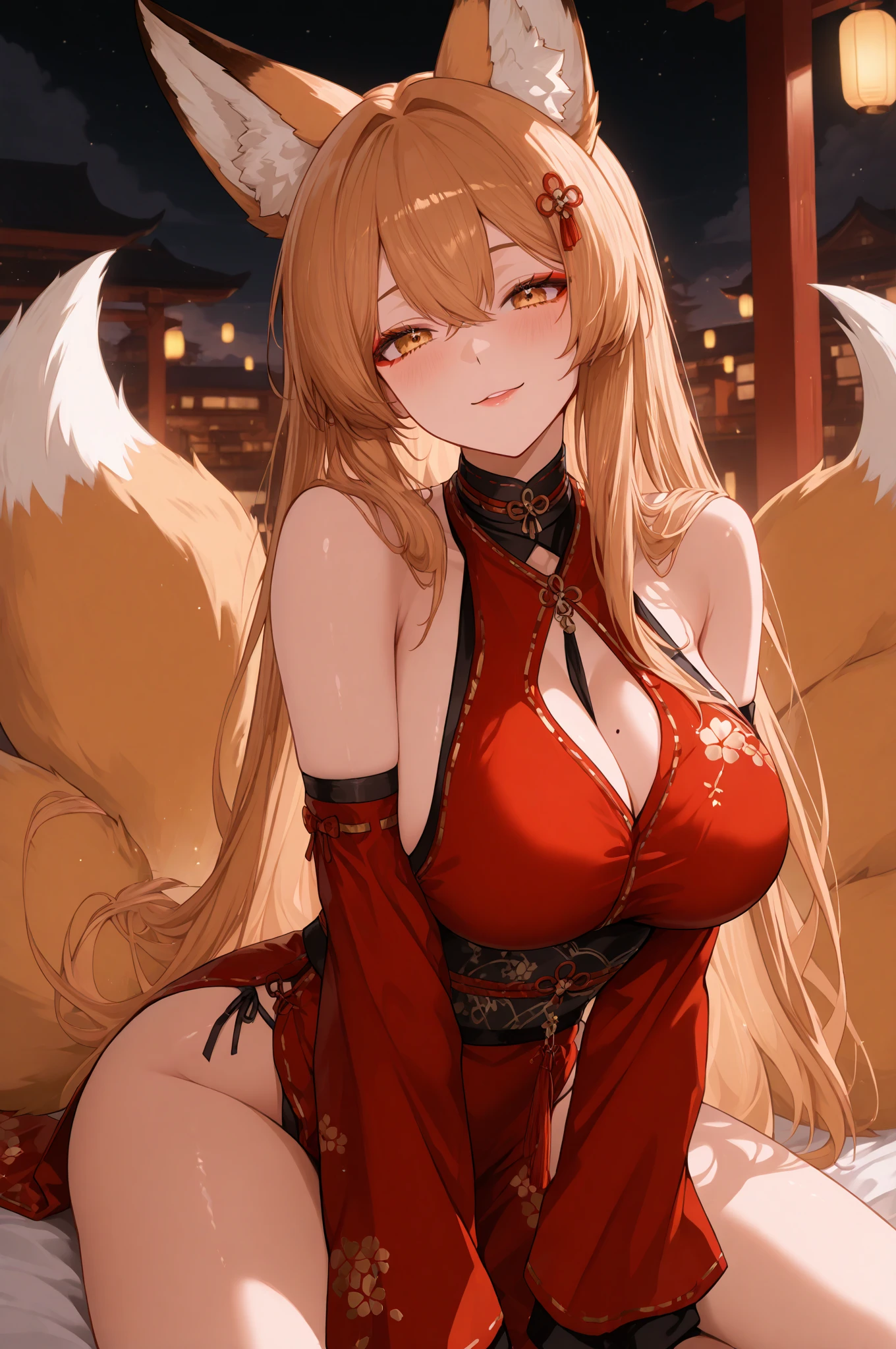 Highest quality, masterpiece, Ultra-high resolution, female、Big Breasts、Fox Beastman、巫female、Kemomimi、tail、sit down