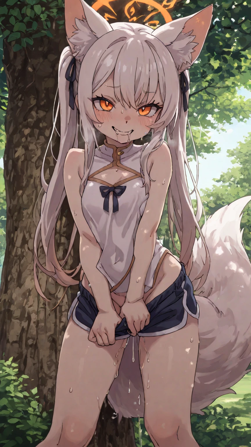 (masterpiece, best quality:1.2), long hair, naked, fox ears, fox tail, squatting, paw pose, small breasts, wide hips, , lewd face, spread legs, pubic tattoo, nipples, pussy, cumdrip, ahegao, collar, forest, 1girl, solo, cum on face, cum on breasts