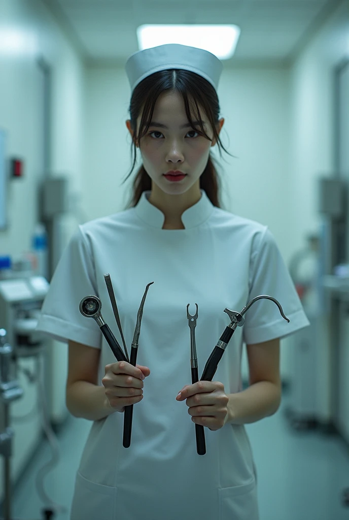 Nsfw. Naked Real dentist nurse horny korean girl, with black gown, black latex gloves, black mask, face shild, instruments, full length photo