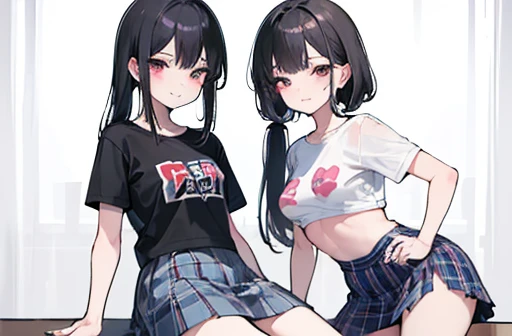 Two strong girls. One girl is a beautiful young woman with long black hair and red eyes. She has big breasts. She’s wearing a red shirt and black and red shorts. The other girl has long black hair and blue eyes. She has medium sized breasts. She’s wearing a black and lose blue shirt and black and blue short shorts.