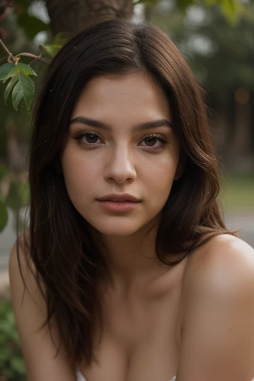 walking in a forest, Monica Bellucci , 20 years old, droped eyes, brown eyes, half body , upper body(masterpiece:1.2), highest quality, High resolution, unity 8k wallpaper, (shape:0.8), (beautiful and detailed eyes:1.6), highly detailed face, perfect lighting, Very detailed CG, (perfect hands, perfect anatomy, mountain springs, morning sun