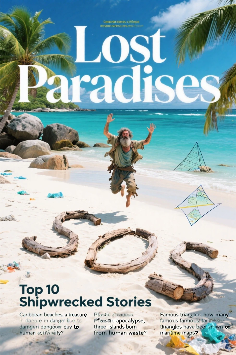 ((Magazine Cover)), ((Magazine name text: "Lost Paradises")); ((Highlighted Text: "Top 10 Shipwrecked Stories")); ((Text from other articles: "Caribbean beaches, a treasure in danger due to human activity", "Plastic apocalypse, three islands born from human waste" and "Famous triangles, how many famous triangles have been drawn on maritime maps?")); Landscape photography: wide shot, ((high angle image)), white sand, turquoise sea, green palm trees, colorful in the blue sky, rocks and boulders; on the beach the letters "SOS" made with logs, next to the letters a man with a long beard and tattered clothes jumps asking for help; barcode in the lower right corner