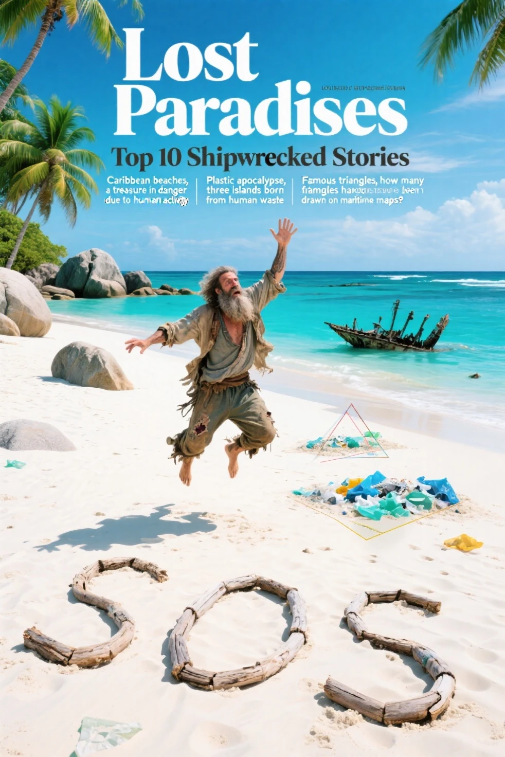 ((Magazine Cover)), ((Magazine name text: "Lost Paradises")); ((Highlighted Text: "Top 10 Shipwrecked Stories")); ((Text from other articles: "Caribbean beaches, a treasure in danger due to human activity", "Plastic apocalypse, three islands born from human waste" and "Famous triangles, how many famous triangles have been drawn on maritime maps?")); Landscape photography: wide shot, ((high angle image)), white sand, turquoise sea, green palm trees, colorful in the blue sky, rocks and boulders; on the beach the letters "SOS" made with logs, next to the letters a man with a long beard and tattered clothes jumps asking for help; barcode in the lower right corner