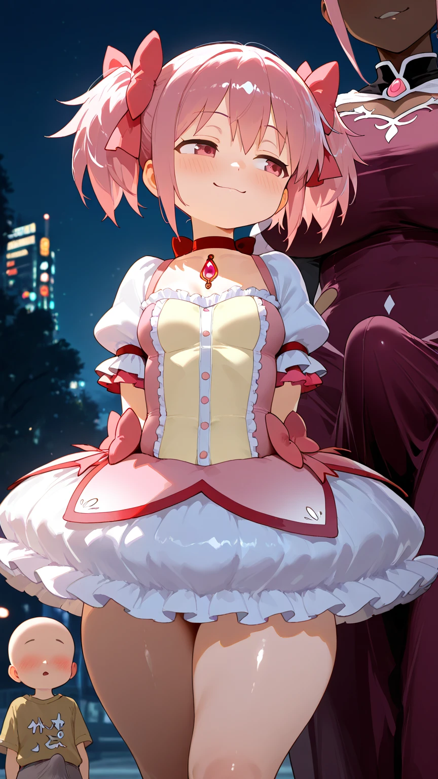 Girl with pink hair, long twin-tail hairstyle, (small bushy pink eyebrows), wearing a wedding dress, lolicon (Zankuro) drawing style by zankuro artist, Zancro style, image uploaded to R34, (in a church full of people), , flirty smile, lifting her dress to show her wide, naked hips, underwear in her hands, breasts out,