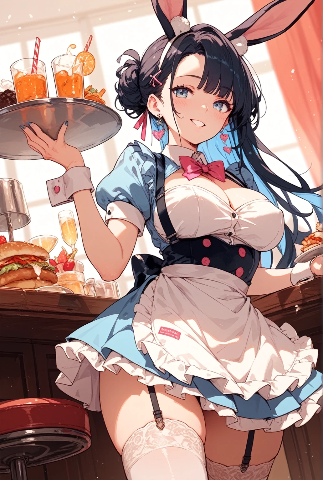 (dynamic angle:1.3, front view:1.1, breast focus:1.3, from above:1.1), (dynamic posing:1.2, sexy posing:1.2), (seductive smiling:1.3), ((holding Pasta on a plate,Taking the pasta out of the pan, worried about the outcome:1.2)),highest quality、(real、photorealistic:1.4),(ultra high resolution, 8K RAW photo, clear focus), best qualtiy, natural lighting, field depth, (Bright pupils, detailed beautiful eyes, high detailed face), Red lip, (tight focus:1.2), a girl 22yo old, Wearing a pastry chef uniform:1.3 , Thicc, thin breast, long hair, blue eyes,garter stocking, cleavage:1.2, midriff, black shorts, black thighhighs, thigh strap, pretty girl, (highly detailed beautiful face and eyes,firm breasts),real skin,((black,hair,long pony tail hair)),thin pubic hair,cute,lovely, detailed eyes,(double breasted:1.0,under bust:1.0),(with sparkling eyes and a contagious smile),open mouth, Looking at Viewer,A scene of make cooking Carbonara Pasta in the kitchen