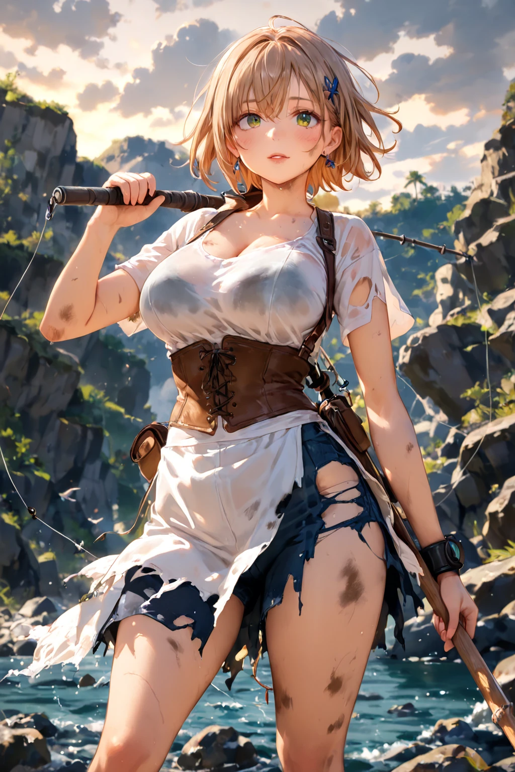 ((best quality)), ((masterpiece)), (detailed), off-shoulder sweater, Transparent body, Visible veins, Highly detailed, Upper body, one girl, young Korean woman with a Korean beautiful face, golden eyes and yellow sandy lush hair, tanned dark bronze skin, huge chest, dressed in an open coat with rolled up sleeves, a transparent unbuttoned shirt, a wide leather belt with gold yarn, leather shorts, a hiking backpack, a two-handed katana in sheathed, walking through the forest, trees with blue foliage and white flowers,