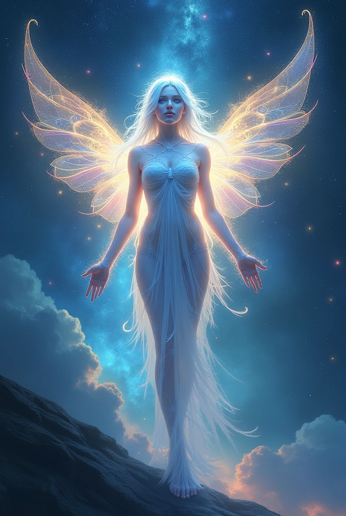 Cosmic Fallen Angel, glowing light eyes, Delicate and beautiful face,Bigchest,Biomechanical, eerie, Dream-like, Very bright colors, Light particles, with light glowing, Mshiv, wallpaper art, UHD wallpaper