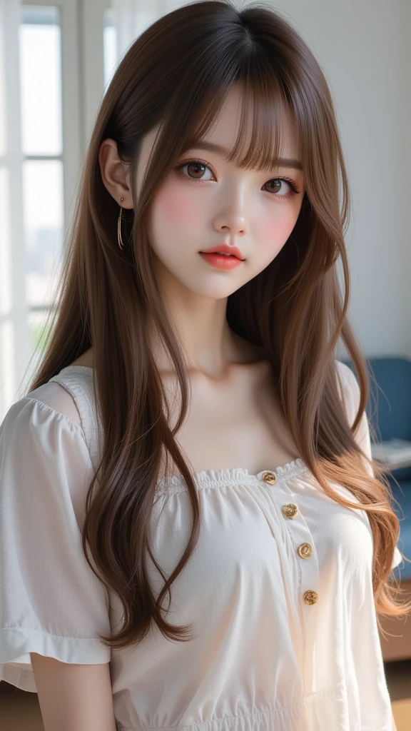 a woman with dark brown skin, brown curly hair with blood red tips, red eyes, freckles on her cheeks, wearing a cute red dress anime style higth quality very creative and beautiful anime style perfect wonderful quality lots of details