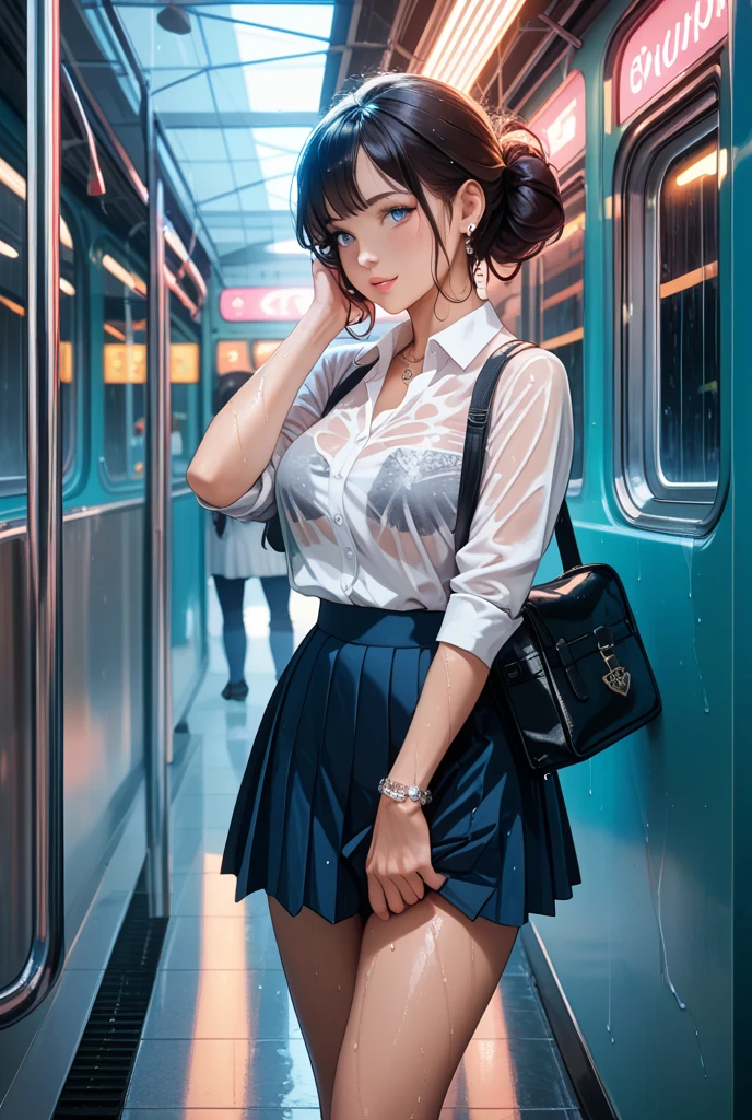 1girl,solo,cute,bigbreast,cleavage,in air tarminal,at morning,brilliant,she has a carry case