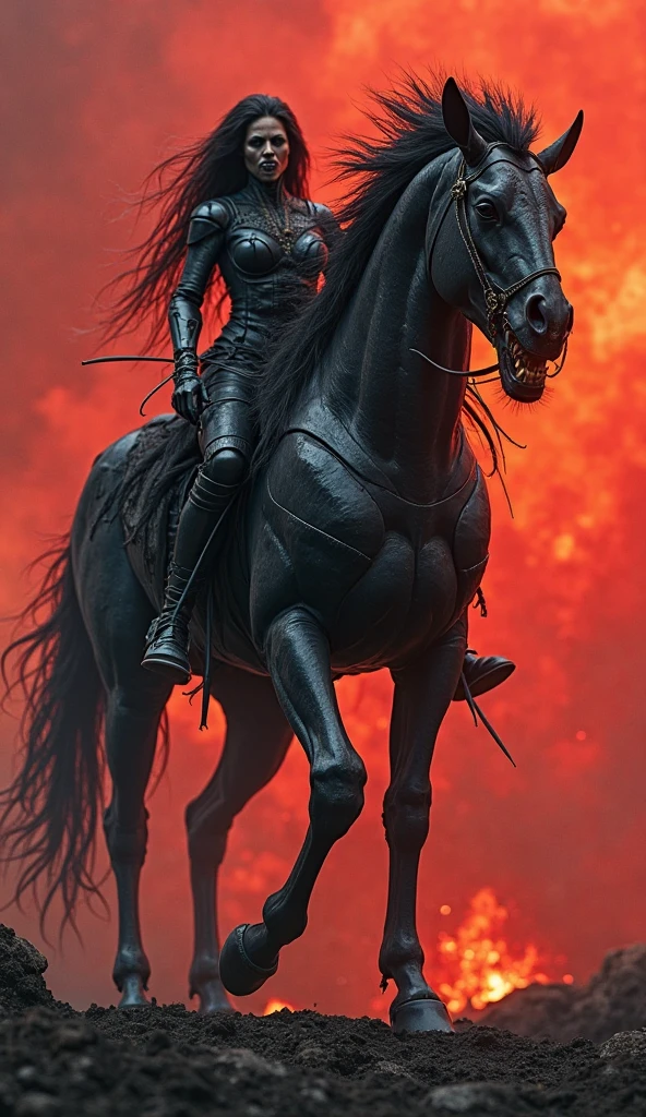 Cybernetic woman on a demonic black horse