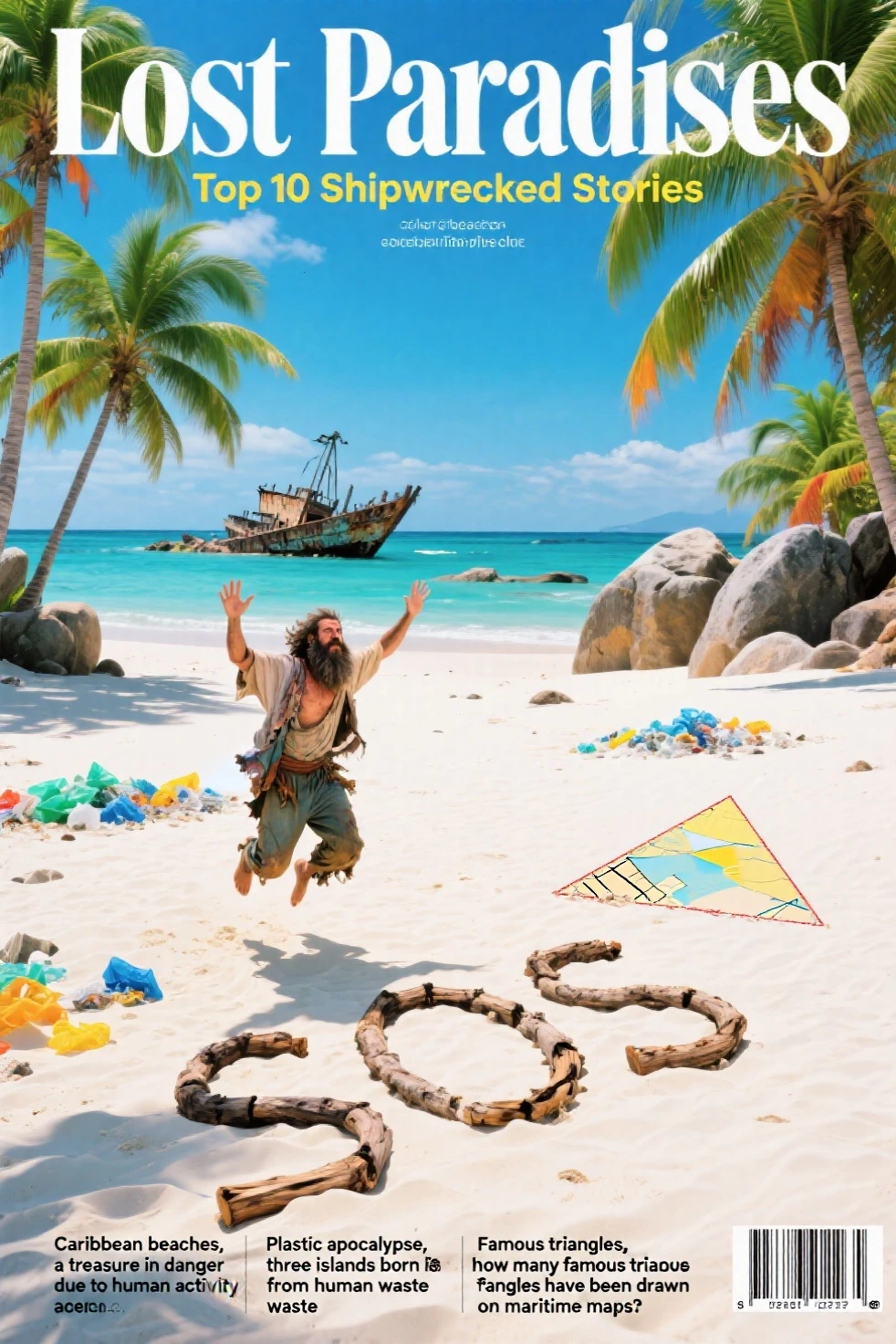 ((Magazine Cover)), ((Magazine name text: "Lost Paradises")); ((Highlighted Text: "Top 10 Shipwrecked Stories")); ((Text from other articles: "Caribbean beaches, a treasure in danger due to human activity", "Plastic apocalypse, three islands born from human waste" and "Famous triangles, how many famous triangles have been drawn on maritime maps?")); Landscape photography: wide shot, ((high angle image)), white sand, turquoise sea, green palm trees, colorful in the blue sky, rocks and boulders; on the beach the letters "SOS" made with logs, next to the letters a man with a long beard and tattered clothes jumps asking for help; barcode in the lower right corner