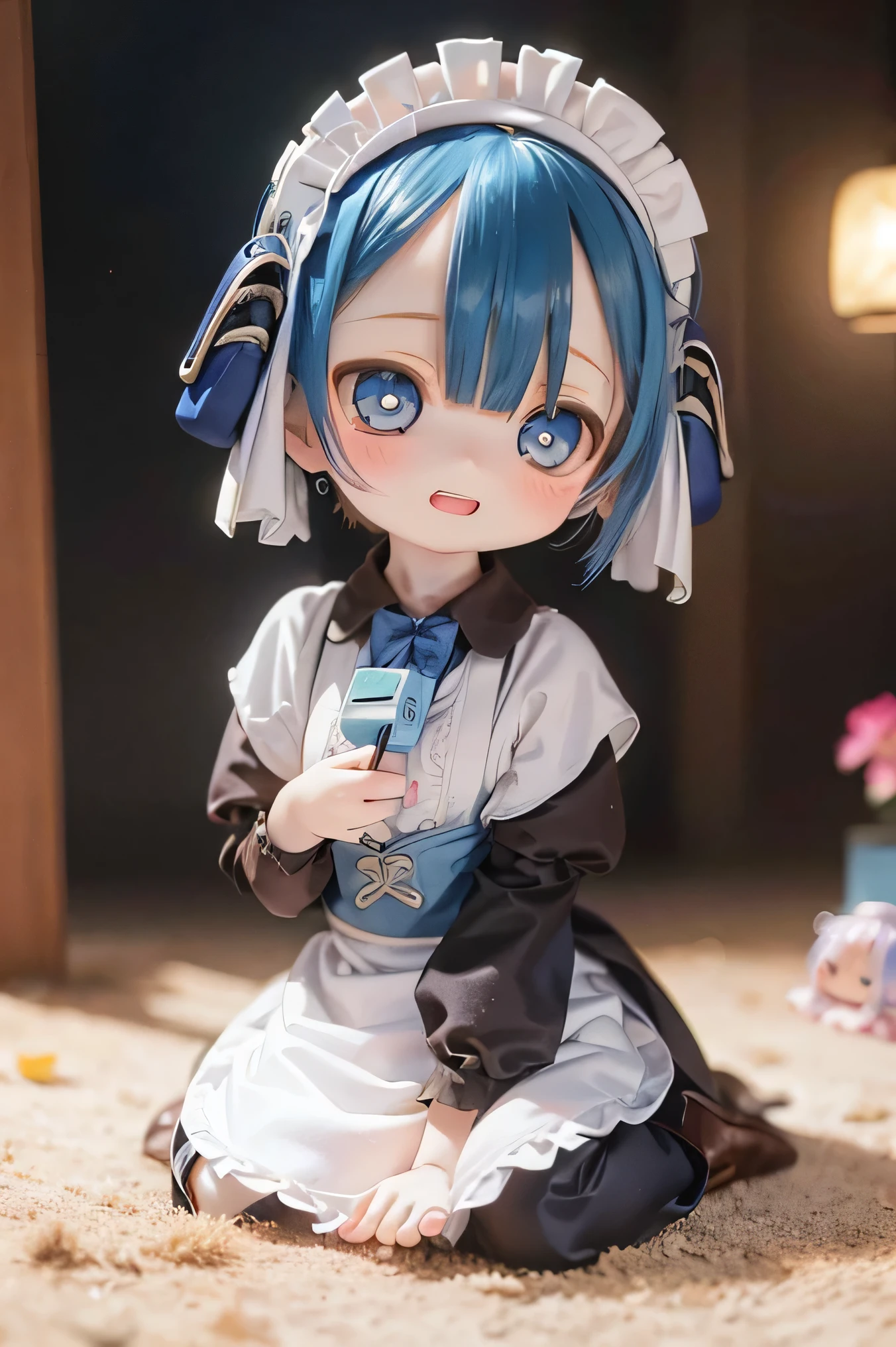 ( Best Quality Straws , Kampala , :1.2), , realistic :1.37, e in Abyss ,( Best Quality Straws , , 4K, :1.2), realistic , lantern , bright color, , Studio Lights , Blue hair with attention to detail, Touch Profesonal hips , Anime, shades of blue, Natural Light, , Blue Curly Hair, flat chest, ((( Maid Outfit ))) , innocent expreson , elegant look , 、 Looks like a face {X} , ExLive Eyes , rosy cheeks , Light soft light without makeup , I wear a lot of gothic tuck clothes 、((( full face brush ))) (((((Full Body))))) 、 、((((( chibi))))) Laughter、 sexy poses (((survival)))Sandy Beach