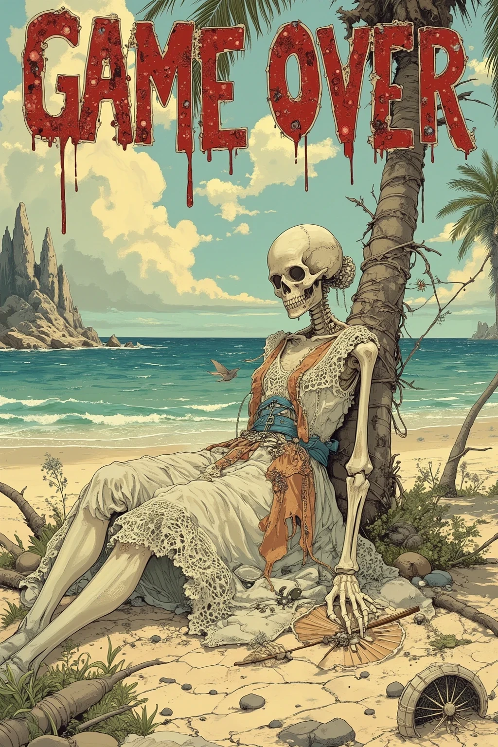 acrylic painting style, full-body shot of a desolate skeleton wearing the tattered remnants of an elegant aristocratic dress, slumped lifelessly against a palm tree on an isolated deserted island, bones bleached white by the sun, fragments of once-luxurious lace, pearls, and faded silk clinging to the remains, cracked parasol or broken fan lying nearby, wild overgrown plants and sun-bleached driftwood scattered around, dry cracked earth and distant ocean waves, hand-painted texture with bold expressive acrylic brushstrokes, muted pastel colors mixed with earthy tones, faded vintage atmosphere, large bold “GAME OVER” text in distressed red paint across the top of the image, tragic yet darkly humorous mood, highly detailed, masterpiece:1.5, best quality