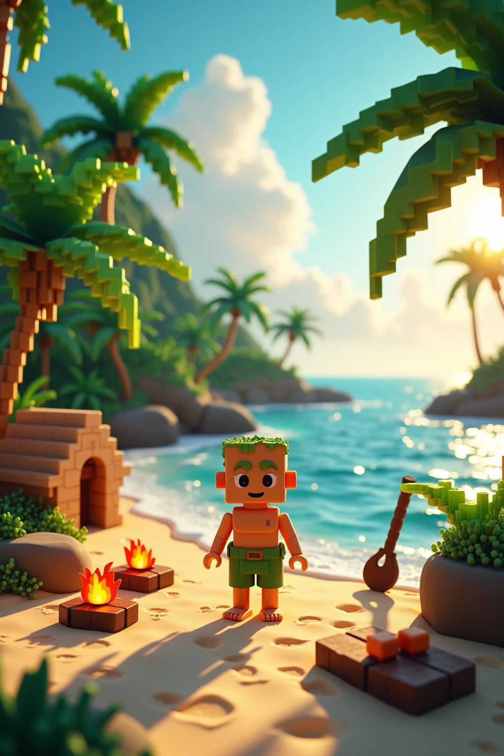 photo-realistic tropical island background with lush palm trees, sparkling ocean, and golden sandy beach, featuring a voxel art character in bright blocky style standing proudly on the shore, wearing simple survival clothes made of leaves, surrounded by voxel-style crafted objects: a tiny wooden hut, campfire, fishing rod, and coconut trees, all in colorful pixelated cubes, stark contrast between the hyper-realistic environment and the vibrant voxel elements, soft golden sunset lighting reflecting off the water, whimsical and surreal atmosphere, ultra-detailed background combined with charming low-poly voxel figures, masterpiece:1.5, best quality
