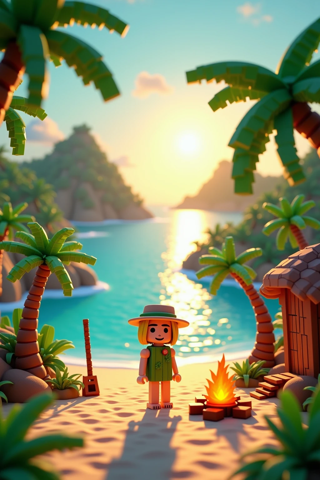 photo-realistic tropical island background with lush palm trees, sparkling ocean, and golden sandy beach, featuring a voxel art character in bright blocky style standing proudly on the shore, wearing simple survival clothes made of leaves, surrounded by voxel-style crafted objects: a tiny wooden hut, campfire, fishing rod, and coconut trees, all in colorful pixelated cubes, stark contrast between the hyper-realistic environment and the vibrant voxel elements, soft golden sunset lighting reflecting off the water, whimsical and surreal atmosphere, ultra-detailed background combined with charming low-poly voxel figures, masterpiece:1.5, best quality
