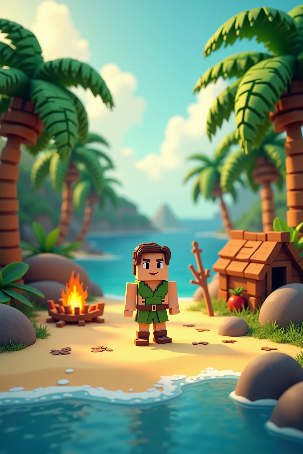 photo-realistic tropical island background with lush palm trees, sparkling ocean, and golden sandy beach, featuring a voxel art character in bright blocky style standing proudly on the shore, wearing simple survival clothes made of leaves, surrounded by voxel-style crafted objects: a tiny wooden hut, campfire, fishing rod, and coconut trees, all in colorful pixelated cubes, stark contrast between the hyper-realistic environment and the vibrant voxel elements, soft golden sunset lighting reflecting off the water, whimsical and surreal atmosphere, ultra-detailed background combined with charming low-poly voxel figures, masterpiece:1.5, best quality