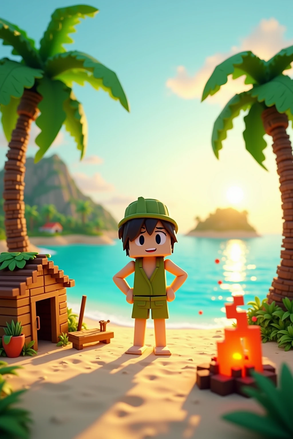 photo-realistic tropical island background with lush palm trees, sparkling ocean, and golden sandy beach, featuring a voxel art character in bright blocky style standing proudly on the shore, wearing simple survival clothes made of leaves, surrounded by voxel-style crafted objects: a tiny wooden hut, campfire, fishing rod, and coconut trees, all in colorful pixelated cubes, stark contrast between the hyper-realistic environment and the vibrant voxel elements, soft golden sunset lighting reflecting off the water, whimsical and surreal atmosphere, ultra-detailed background combined with charming low-poly voxel figures, masterpiece:1.5, best quality