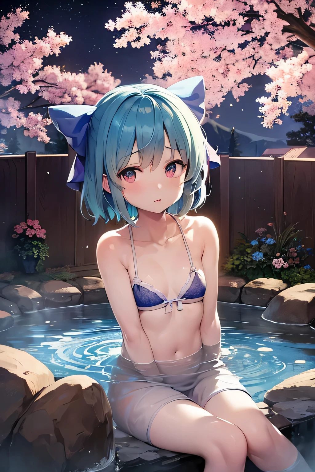 (SFW), ultra-detailed, best quality, illustration, detailed textures, vivid colors, soft lighting, blushing, mature, soft skin, beautiful, 4K, medium breasts, cleavage, kamisato_ayaka, solo, bright eyes, standing, slim body, narrow waist, (from front:1.5), bare thigh, beautiful-detailed eyes, ((light blue bikini)), ((forest background, standing in the pond, nighttime, dark forest with moonlight seeping through the canopy)),