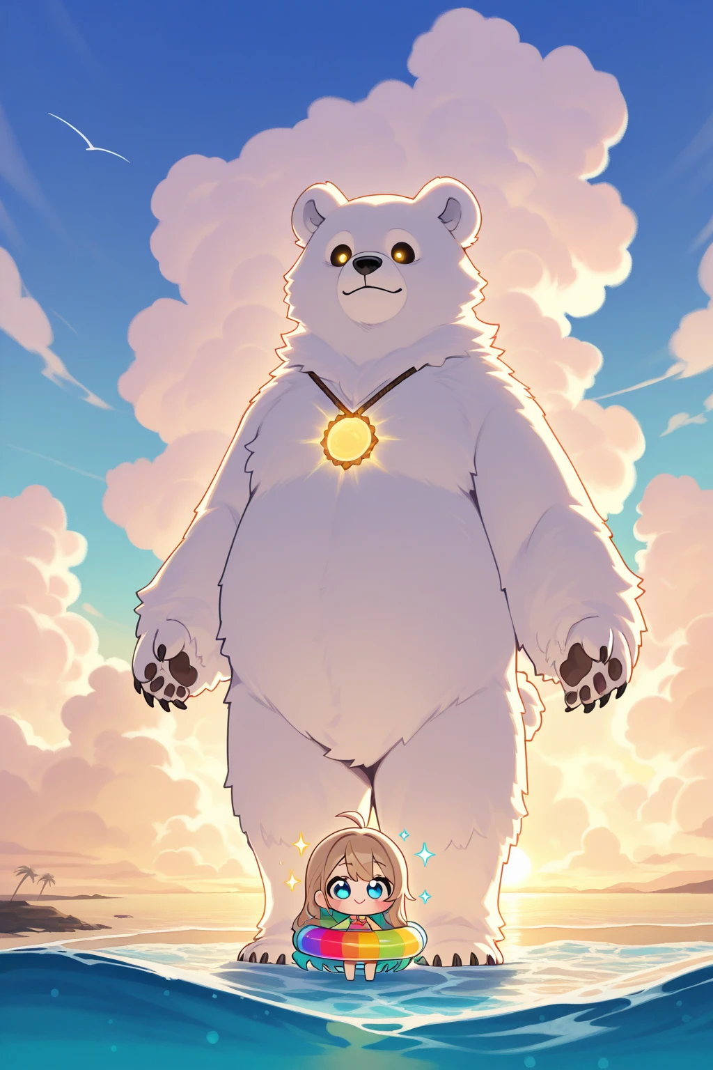 A chibi-style bear with oversized, round features and fluffy, soft fur stands playfully on a windswept beach, dressed in tattered, colorful beachwear that flutters in the ocean breeze. Its large, expressive eyes are squinted as it peeks over one paw, scanning the vast, sparkling blue ocean for signs of adventure. The sandy beach is dotted with seashells and driftwood, while gentle waves lap at the shore under a vibrant sky filled with fluffy white clouds. The atmosphere is whimsical and adventurous, with a sense of childlike wonder as the sun casts a warm, golden glow over the scene, creating a cheerful, uplifting mood. The artistic style is charmingly deformed, emphasizing the adorable proportions and exaggerated expressions of the chibi bear, making it feel lively and engaging.