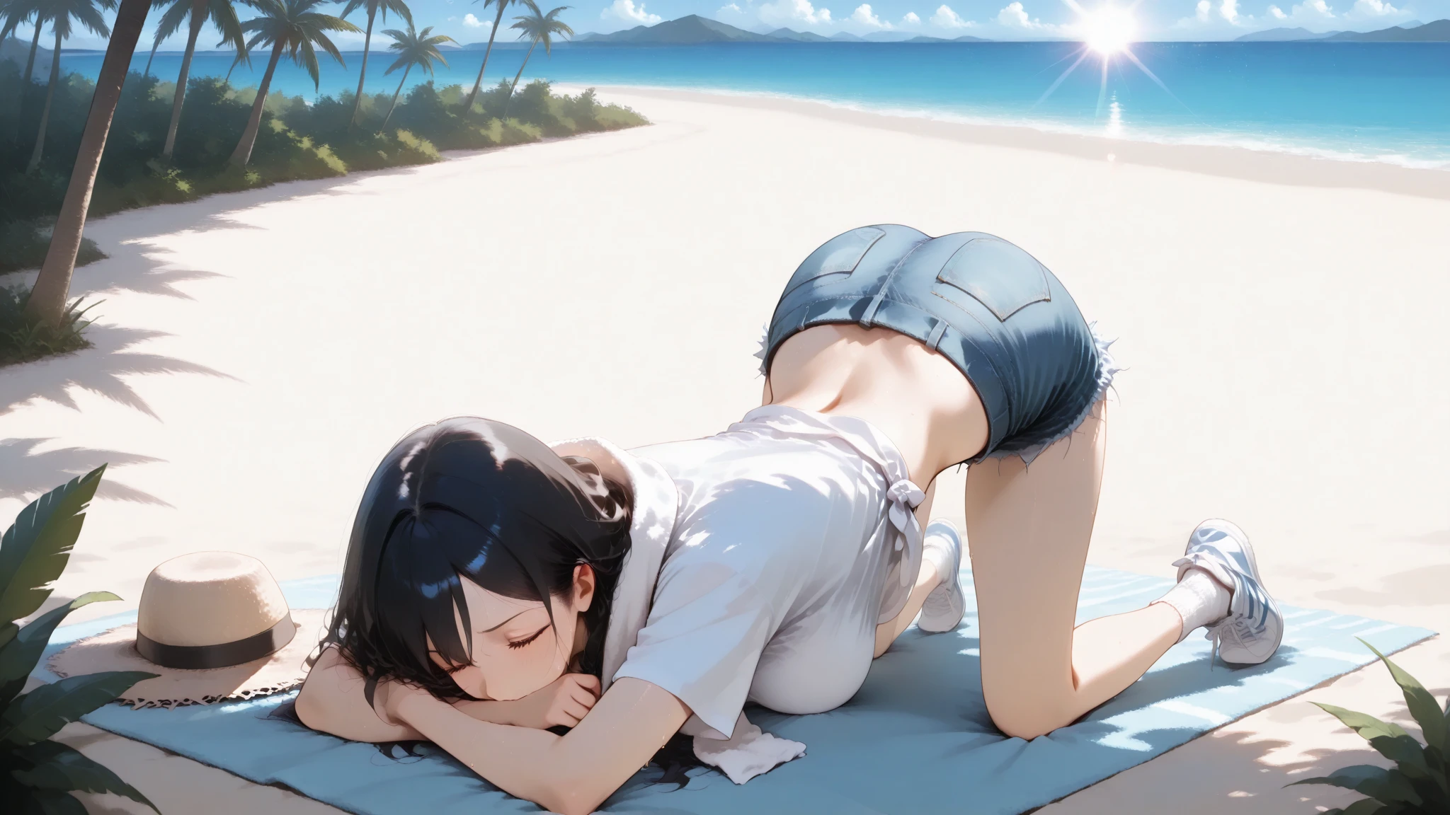 (official art、highest quality、Unity 8K 壁紙、32K、masterpiece、Super detailed、超A high resolution、realistic、Photoreal:1.2)、(natural soft light:1.2)、fire glow effect、film grain、best shadow、rim lighting、side light、side shot、(Highly detailed and complex 3D rendering)、詳細なbeautiful faceと目、sharp pupils、Real students、whole body, sandy beach、beautiful face、blurred background、18 year old beautiful girl、shiny skin、Beautiful wet black hair、I pulled up my wet shirt、Wet pink checked miniskirt、(thighs thighs:0.9)、barefoot、curve、dynamic pose、smile with open mouth、(beautiful breasts:0.9)、I can see white pants、(transparent nipples)、((On the beach on Oahu in midsummer))、((kneel down))((10 years old))、(8K high quality), (highest quality), (RAW image quality), (Reality), (It&#39;s photorealistic:1.37), (high quality),(Ultra detailed),(best quality), (insanely detailed), (beautiful), (masterpiece)、Super detailed、Clear like a photo、detailed eyes、Gradation、perfect anatomical body proportions, Nikon Z9 80mm Renaste Piece、solo、detailed pattern、very bright natural light、too bright natural light、shining sunlight、