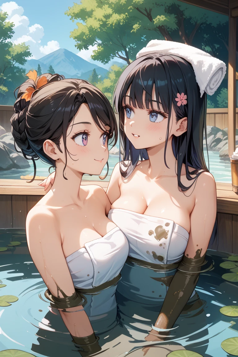 Long Hair,Black Hair, (Hair on one eye:0.8), (Dark Skinned female:1.2), (Dark Skin:1.1),Big Breasts,Glowing Skin,bath,hot spring,bath towel,Sexy smile