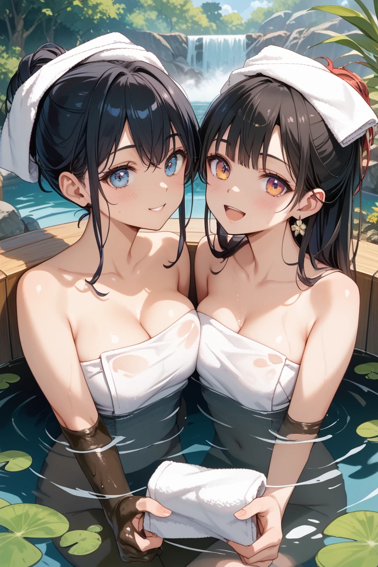 Beauty mother-in-law Black Hair Mother and daughter have beautiful breasts hair band wedding ring White swimsuit Pool