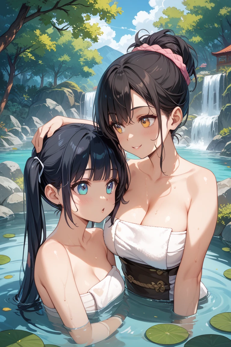 "Gorgeous and high-quality, highly detailed masterpiece that features two charming girls sitting near a waterfall. Creating a seductive atmosphere." medium breasts, (leaning forward:1.3), (beautiful nipple slip:0.96), cleavage, breasts