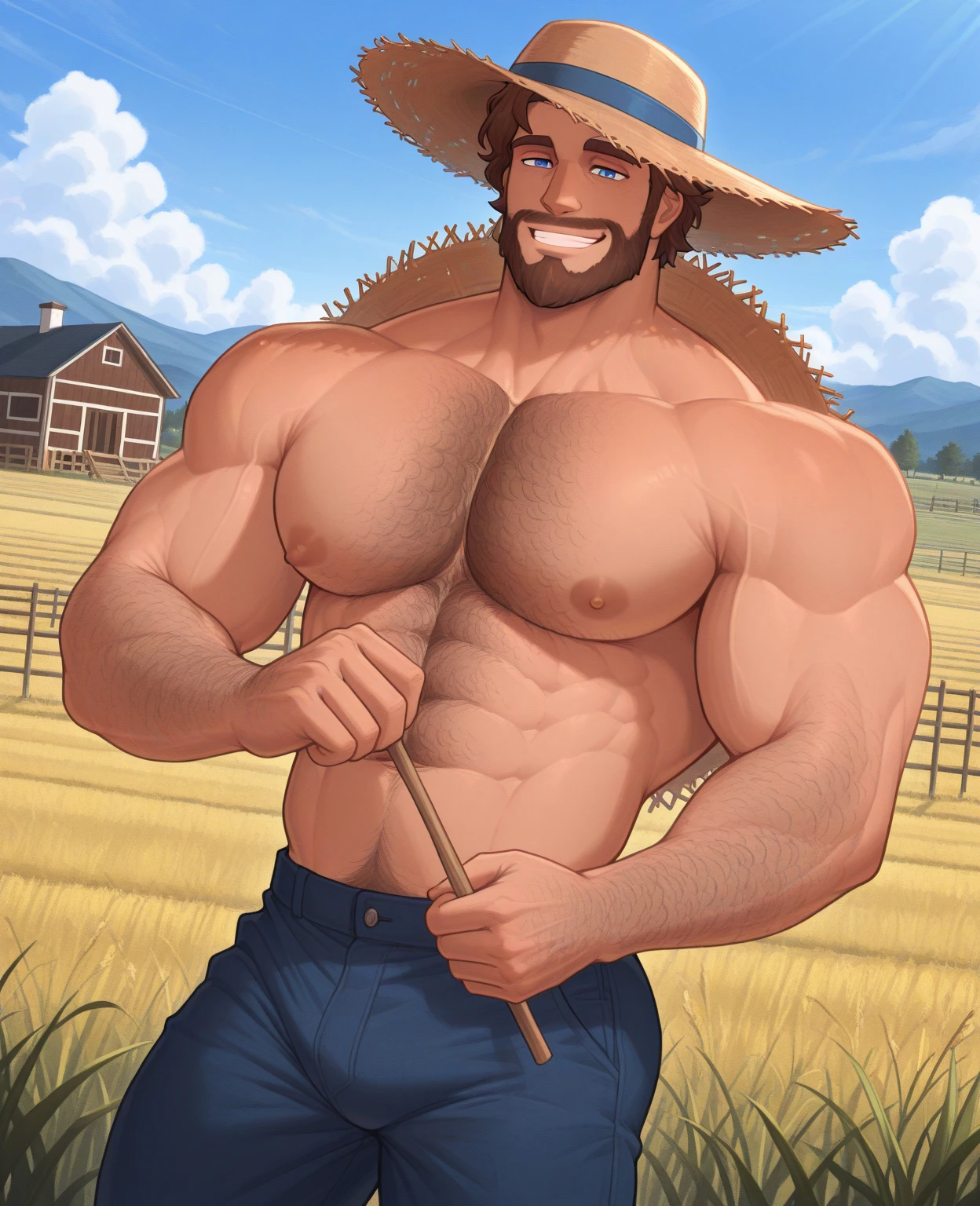 30 years old, big eyes, Chinese male, stubble, white inch, huge muscles, exaggerated muscles, mature man, muscle swelling, bodybuilding, pectoral muscles, abs, in a pumpkin field, plenty of pumpkin, tank top, cargo pants, martin boots, natural light, cowboy hat, hoe, wet, wheat-colored skin, 1man, tattoo on forearm, reflective sunglasses, lying on the ground