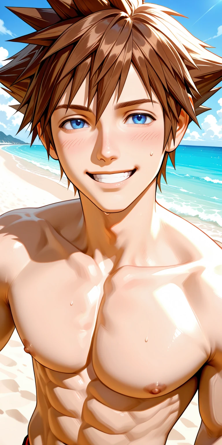 high quality, detailed, Realistic, (one 16 years old japanese boy), (detailed blue eyes), (abs:1.2), (shiny skin), detailed nipples, blond hair, (black tiny thong), (erected bulge), summer beach, (smile:0.8), close up face, (sweat:1.4)