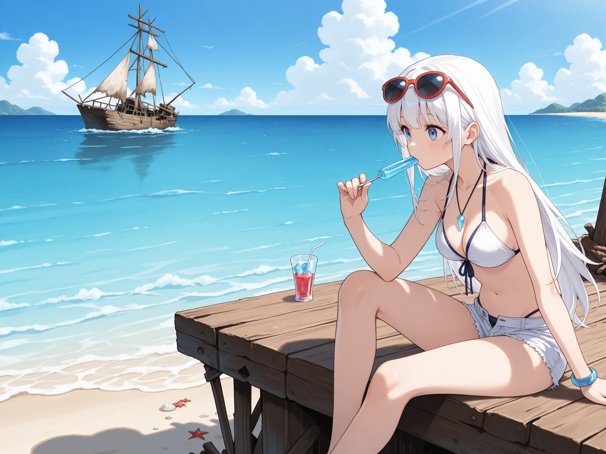 ((best quality, masterpiece)) laying in sand, beach, looking at the ocean, bikini, straw hat