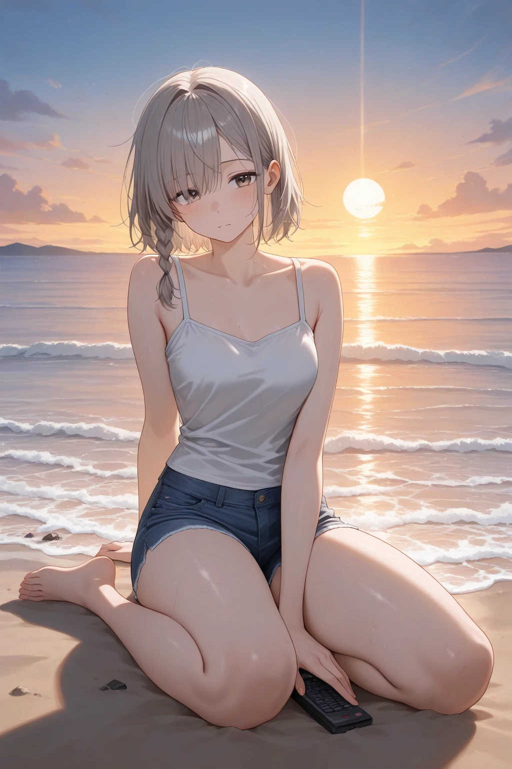 (Sunset Scene, Soft lighting, High saturation):1.4, Vivid lighting, Enchanting elegance, Atmospheric Depth, Great technology, Naturalistic representation, Harmonious composition, Creative refinement, Striking contrast, (One beautiful girl), smile, White Bikini, Expose, Short gray hair ,Volumetric Fog, Outdoor, Backlight, Ocean, Small breasts