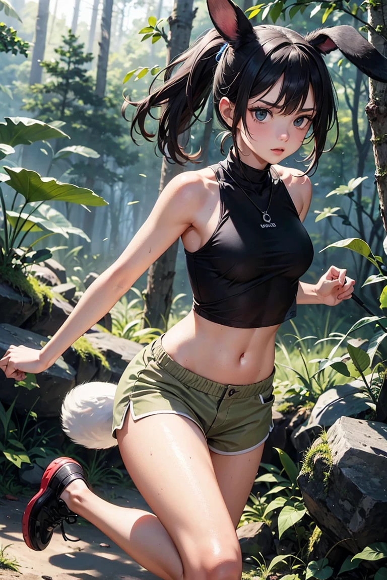 solo, 1girl, (masterpiece), ((16 year old appearance)), short hair, mohalk punk hair, small breasts, yellow eyes, ((detailed eyes)), (athletic body), (simple black cropped), Black top with red details, Looking at the screen, orange lipstick, visible abs, small mini skirt, navel, (collarbone), (dark forest scenery background)