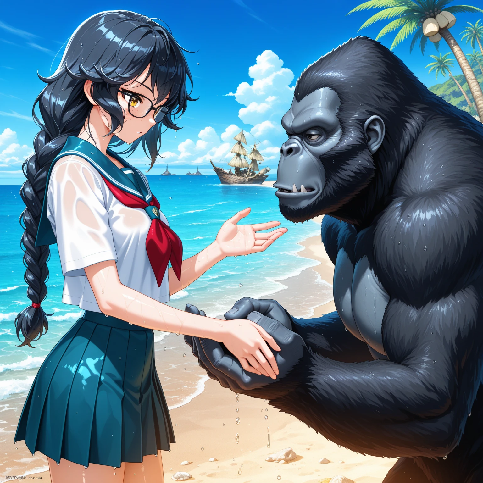masterpiece, best quality,anime style, 1 girl,(((slender body))), (((small breast))),(((hot pants, white tanktop,red tie))),(((((a gorilla man grabbing the girl))))), ((((restrained, arms behind back)))),((((cum)))), (beautiful face), (((long hair))), (((straight hair))), ((((blue hair)))),detailed beautiful skin, (perfect hands, perfect ???????)