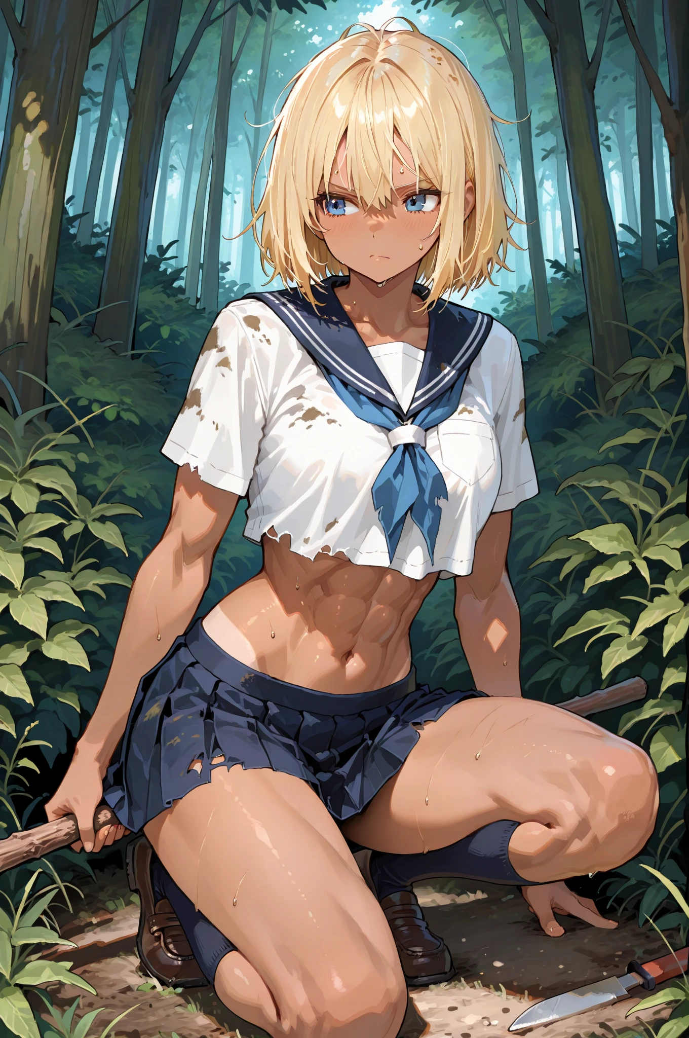 beautiful detailed girl,(masterpiece,best quality,extremely detailed:1.2),((cowboy shot:1.1)),(solo,10 years old,kawaii,slender,small breasts:1.25),(pained look:0.8),((white underwear) in ((Torn school uniform)):2),(dirty:2),blush,shy,weep,standing,(deep forest:1.5),(hug:0.4),rating: general, newest,Sexy face,(primitive:1.1)