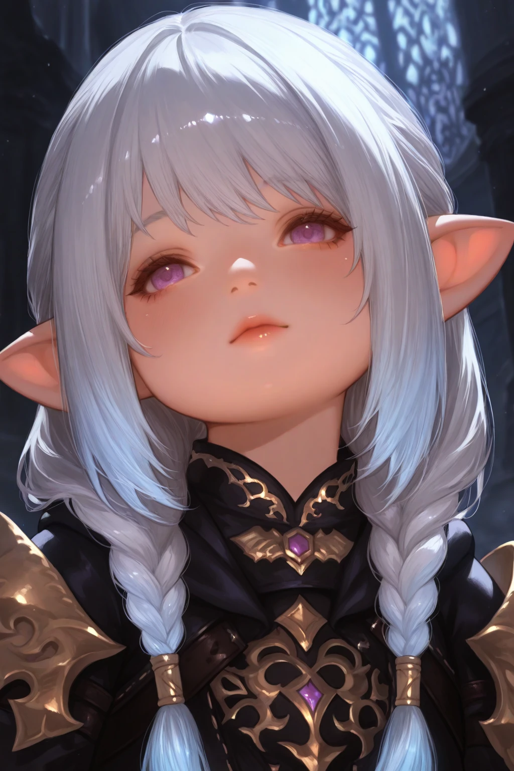 close - up shot, Dark-skinned elves with long silver hair and well endowed physically, cute faces , peeping at the viewer, big and heavy tits 
