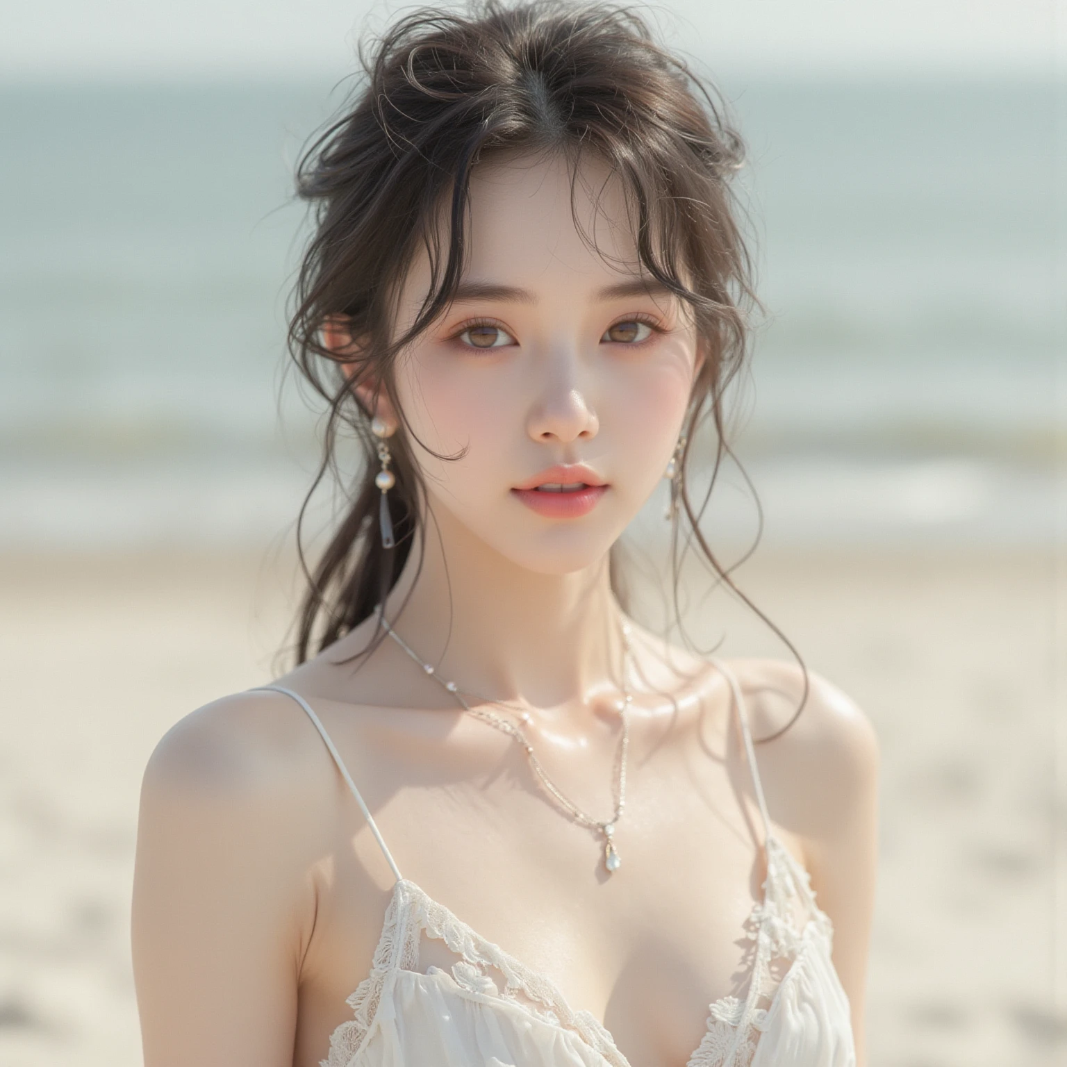 Earrings、White Bikini、One girl, (View your viewers:1.2), Detailed aspect, (Standing girl, Rebuttal on cgsociety, Black Shadow, Beach Background), Romanticism, Atmospheric, (RAW Photos, Highest quality), (Realistic, photo-Realistic:1.3), masterpiece, Very delicate and beautiful, Very detailed,