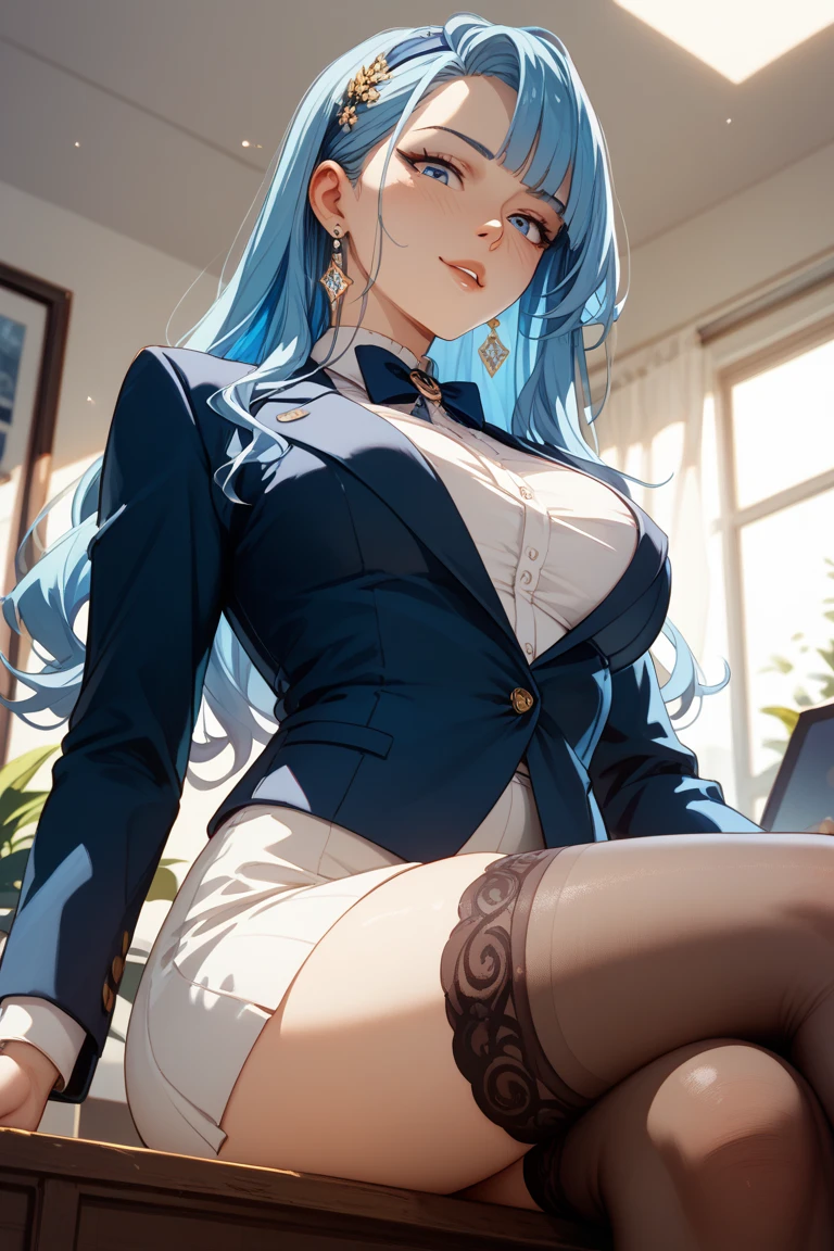 Absolutely beautiful cat lady, perfect slim body, mature, sky blue hair, large curly hair, college uniform, sexy and alluring, beautiful face, full body portrait, standing pose, 4K picture quality, big body, feminine expression, blush shy, outrageous bust, deep eyes,