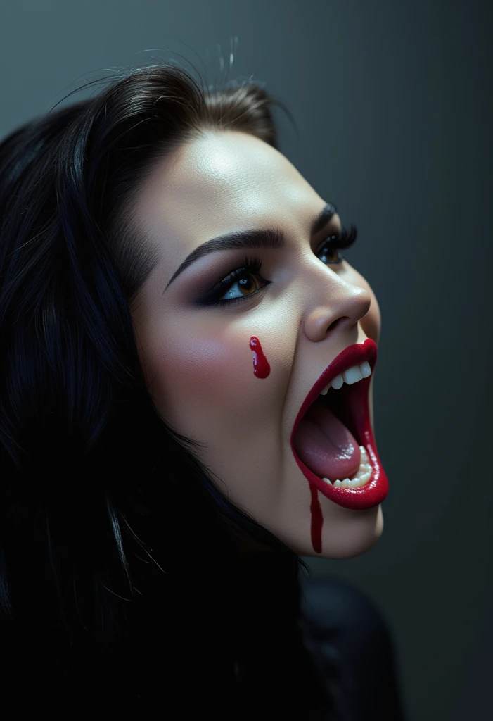 Generate a hyper-realistic image that employs the shallow depth of field technique, Head and sholders portrait to highlight a goth vampire girl, (((open mouth with vampire teeth, blood dripping from mouth))) , (((angry face))) , ((cut hair with fringe)), wearing a gothic costume, at ((night in a creepy cemitery ) setting, (((under the moonlight))). The girl should be the focal point, with crisp clarity, while the background of the cemitery should be gently blurred to create a bokeh effect. (((Flames In the foreground))) should be visible but blurred, adding depth to the composition.", adding depth to the composition. Sony Alpha A7R III, macros lens , f/5.6. ((Cinematic Lighting)) .