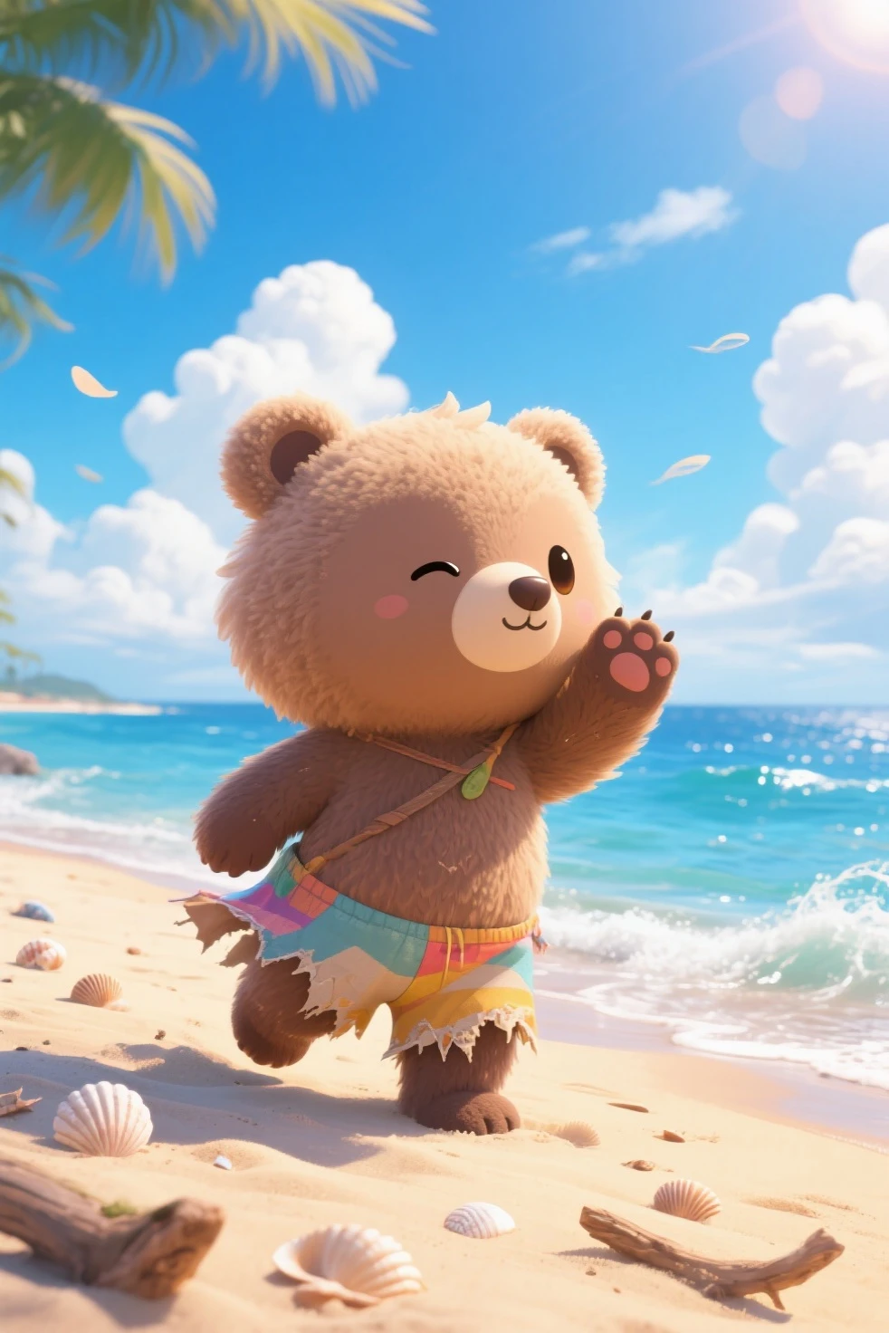 A chibi-style bear with oversized, round features and fluffy, soft fur stands playfully on a windswept beach, dressed in tattered, colorful beachwear that flutters in the ocean breeze. Its large, expressive eyes are squinted as it peeks over one paw, scanning the vast, sparkling blue ocean for signs of adventure, like an animal version of Robinson Crusoe witha trusty pal, a small black cat with a skirt made of palmtrees. The sandy beach is dotted with seashells and driftwood, while gentle waves lap at the shore under a vibrant sky filled with fluffy white clouds. The atmosphere is whimsical and adventurous, with a sense of childlike wonder as the sun casts a warm, golden glow over the scene, creating a cheerful, uplifting mood. The artistic style is charmingly deformed, emphasizing the adorable proportions and exaggerated expressions of the chibi bear, making it feel lively and engaging.