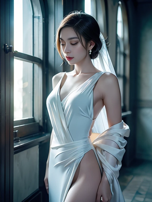 araffed asian woman in white dress posing for a picture, Sexy dress, Guviz-style artwork, Smooth translucent white skin, trending on cgstation, Japanese goddess, Open V chest clothes, trending at cgstation, Clothing that exposes, pale milky white porcelain skin, sexy gown, opened dress, gorgeous chinese models, Translucent dress, Guviz