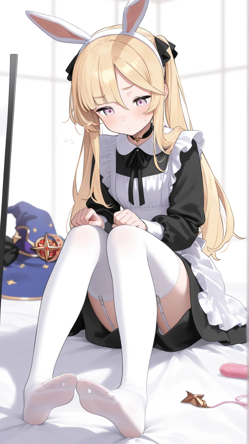 Kirisame Marisa, black stockings, foot control, raised feet, masterpiece, best quality, shy lolita, cute, flat-chested master&#39;s work, raises legs, sits on bed, short hair, blushing blonde, long braid on right side, bow shirt, golden eyes