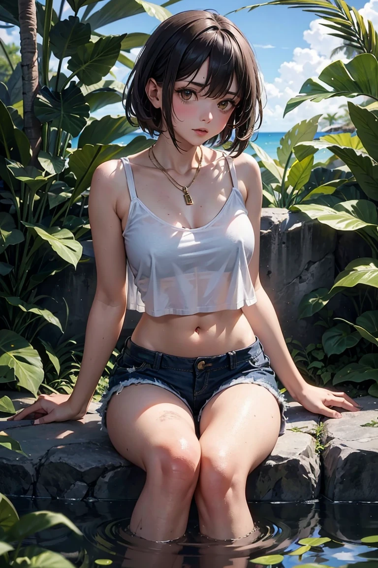Anime girl with dark cabelo azulado in denim shorts and a pink corset, 16 anos, Corpo bonito, peito grandes, with hands on waist, hands in her hair, garota sexy, cabelo azulado, side locks of hair with pink bow, locks of hair with a bow on the side of the face, beautiful lighting, sombras suaves, olhos castanhos, pernas bonitas tonificadas, cabelo curto, estilo anime, hand on the waist, hand in hair, character Akane Tendo, Autor Rumiko Takahashi, Baseado em uma obra de Rumiko Takahashi, Anime Ranma 1 / 2, decote sexy, quadris robustos, Corpo todo, Corpo todo, Grande busto, young girl with nice and Corpo bonito, sandals nos pés,  de 16 anos, vestindo shorts jeans e espartilho rosa,  anime, estilo anime, lindos pés em sandals, 45° viewing angle, ao ar livre, peito grande, Seios lindos, cabelo preto, sandals nos pés, lindas pernas, sexy, lindas pernas, sandals, peito grandes, Corpo todo, Corpo todo, pés com sandals, Grande busto