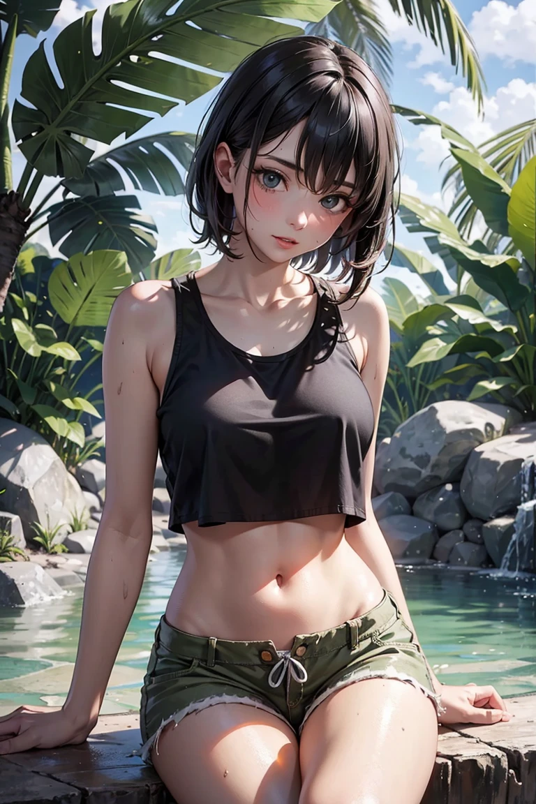 solo, 1girl, (masterpiece), ((16 year old appearance)), short hair, ahoje, mohalk hair, small breasts, yellow eyes, ((detailed eyes)), (athletic body), (simple black cropped), Black top with red details, Looking at the screen, orange lipstick, visible abs, small mini skirt, navel, (collarbone), (dark forest scenery background)