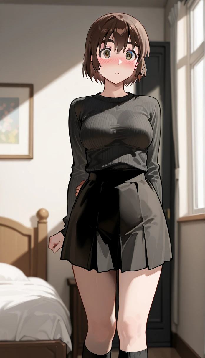 masterpiece、Highest quality、Ultra-high resolution、Medium breasted girl、Thick thighs、red and large eyes,、Black short hair、The hair inside is colored、Excited face、Please open your mouth a little、Sensual Gravure Idol、Seductive pose、Sex-inviting pose、（Clothes：oversized white t-shirt、black tights）