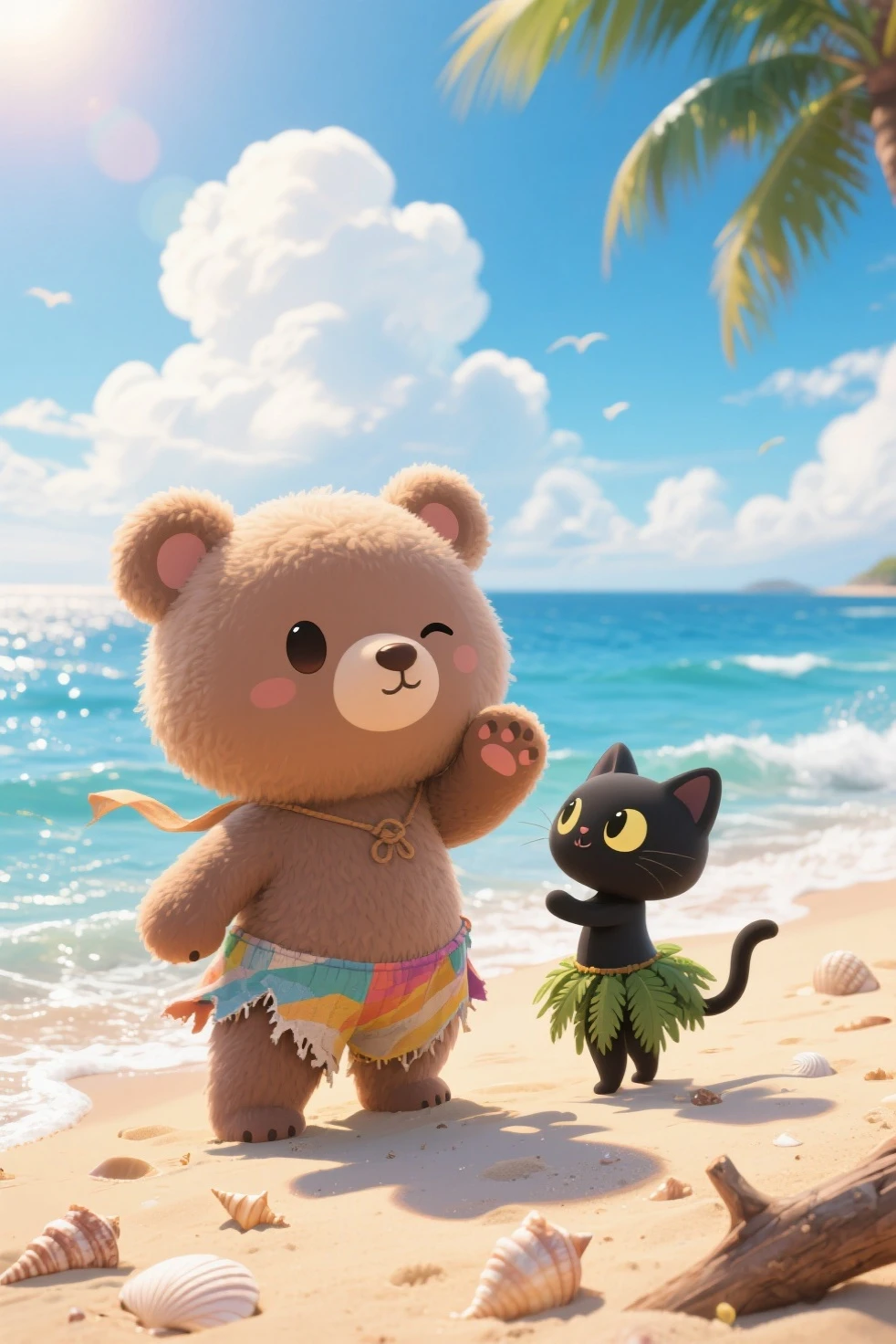 A chibi-style bear with oversized, round features and fluffy, soft fur stands playfully on a windswept beach, dressed in tattered, colorful beachwear that flutters in the ocean breeze. Its large, expressive eyes are squinted as it peeks over one paw, scanning the vast, sparkling blue ocean for signs of adventure, like an animal version of Robinson Crusoe witha trusty pal, a small black cat with a skirt made of palmtrees. The sandy beach is dotted with seashells and driftwood, while gentle waves lap at the shore under a vibrant sky filled with fluffy white clouds. The atmosphere is whimsical and adventurous, with a sense of childlike wonder as the sun casts a warm, golden glow over the scene, creating a cheerful, uplifting mood. The artistic style is charmingly deformed, emphasizing the adorable proportions and exaggerated expressions of the chibi bear, making it feel lively and engaging.