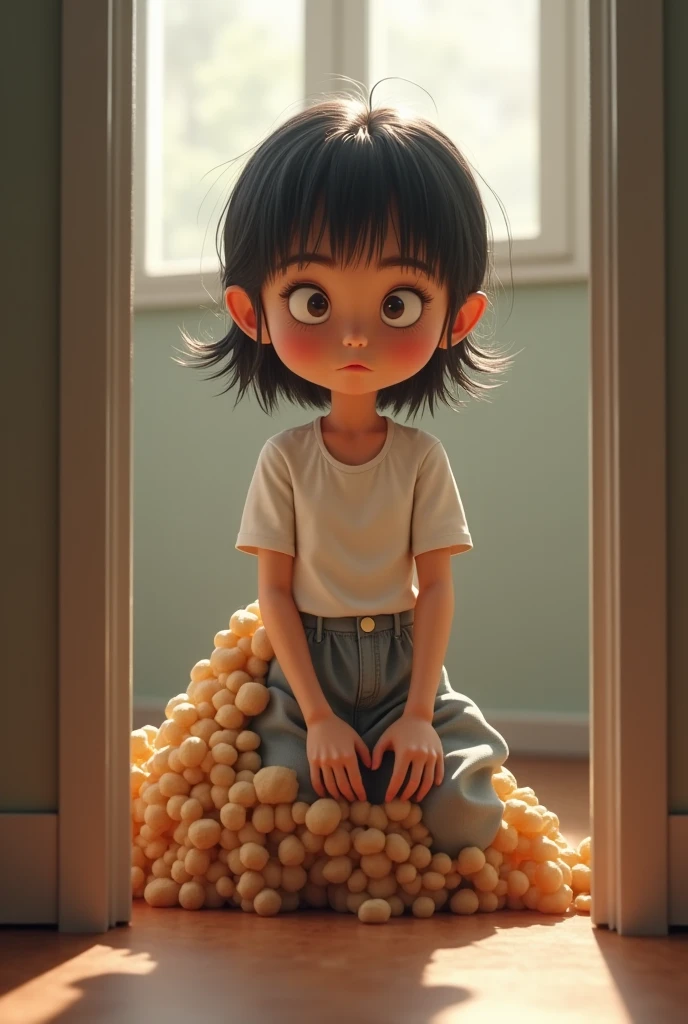 1girl, female child, agnes, black hair, brown eyes, high ponytail, sidelocks, overalls, shirt, shoes, :o, standing, closed eyes, crying <lora:agnes-000002:1>
